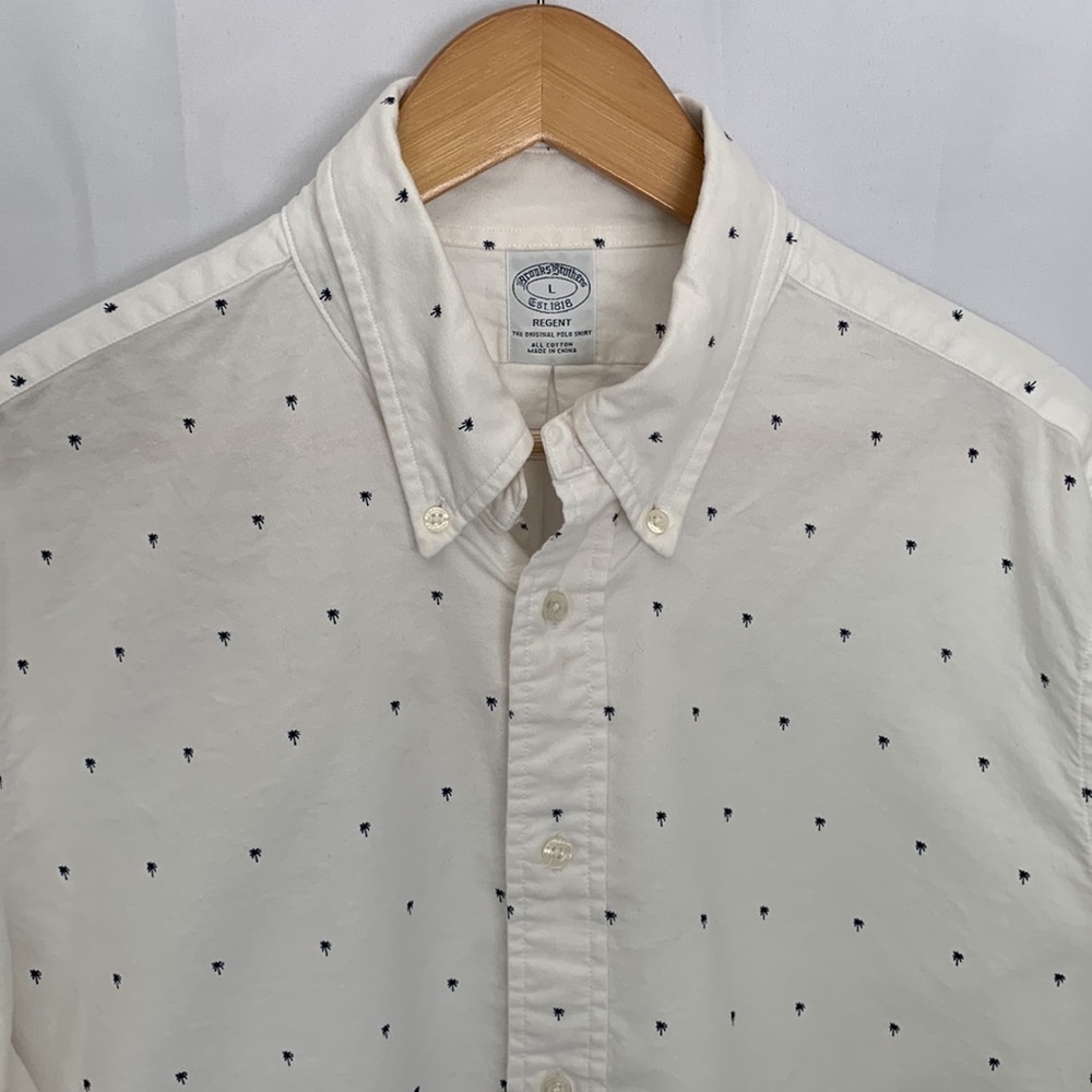 Brooks Brothers Men's L White Navy Palm Tree Print Regent Button-Down - Picture 2 of 9